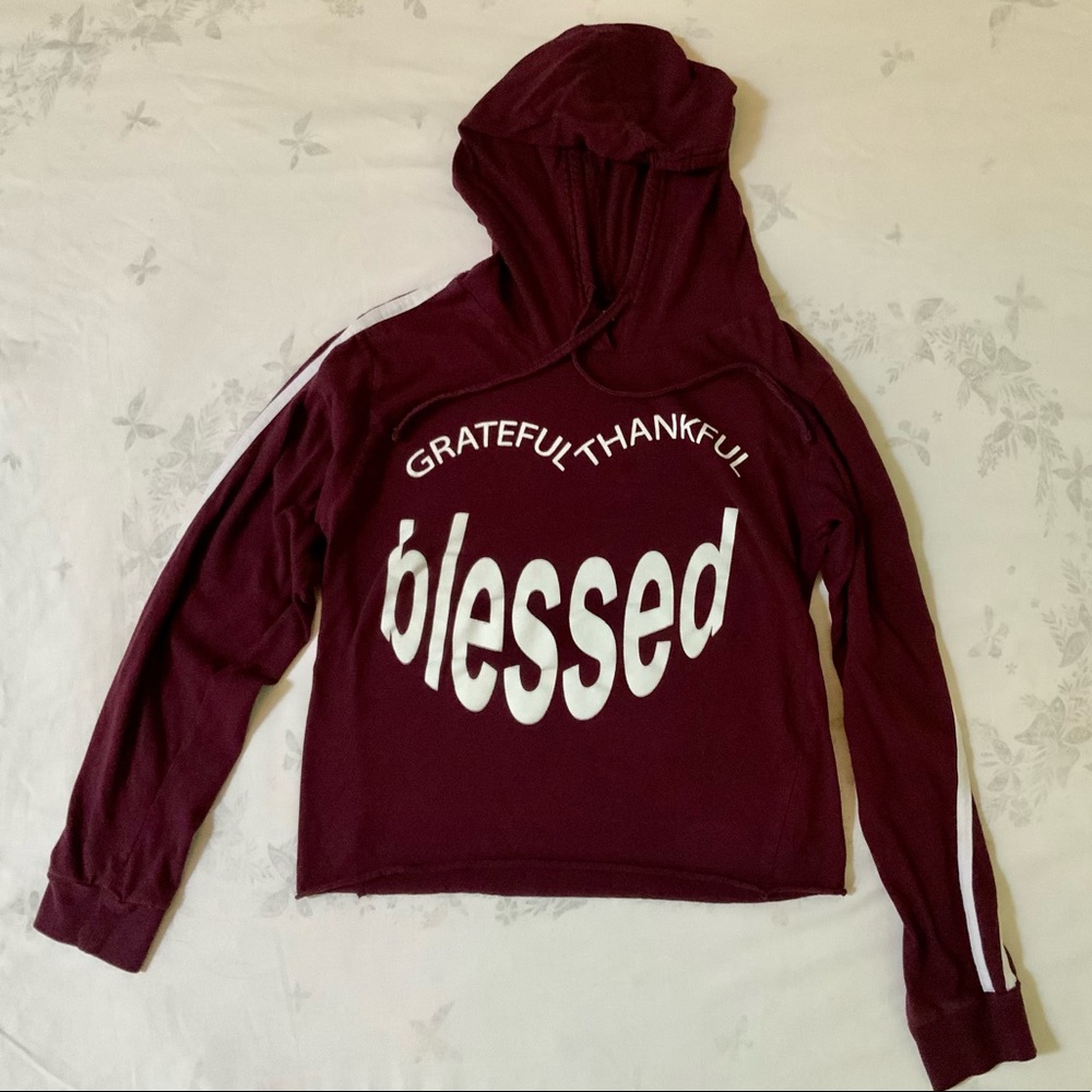 Grateful Thankful Blessed Cropped Cotton Hoodie w/ arm stripes